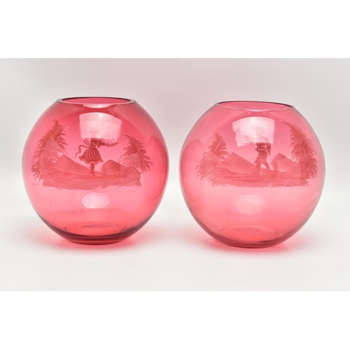 823A - A PAIR OF LATE 20TH CENTURY CRANBERRY GLASS GLOBULAR VASES WITH WHITE ENAMEL DECORATION IN THE MARY ... 