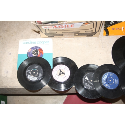 838 - TWO TRAYS CONTAINING APPROX SIXTY LPs, 136 singles and 50 78s including Elvis Presley, Kathie Ray, F... 