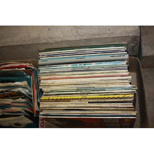 838 - TWO TRAYS CONTAINING APPROX SIXTY LPs, 136 singles and 50 78s including Elvis Presley, Kathie Ray, F... 