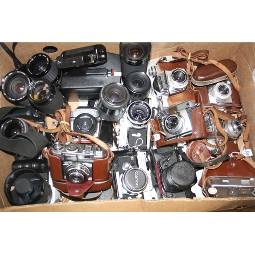 853 - THREE TRAYS CONTAINING CAMERA AND PHOTOGRAPHIC EQUIPMENT including a Pentax ME, Canon FT QL and FX, ... 