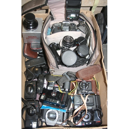 854 - TWO TRAYS OF PHOTOGRAPHIC EQUIPMENT and an Elmo K100SM projector including Olympus OM10, an XA, an X... 