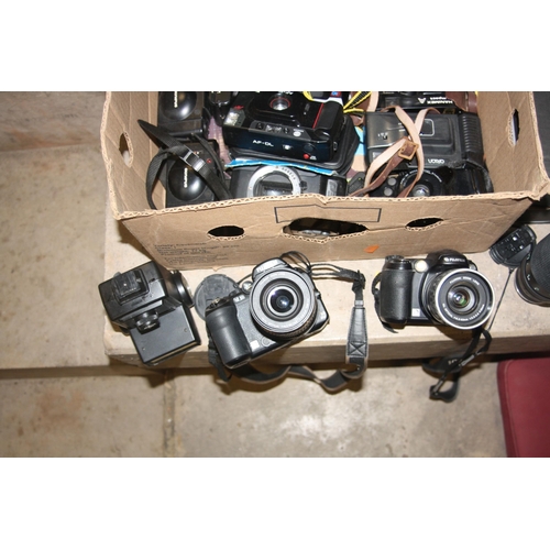 854 - TWO TRAYS OF PHOTOGRAPHIC EQUIPMENT and an Elmo K100SM projector including Olympus OM10, an XA, an X... 