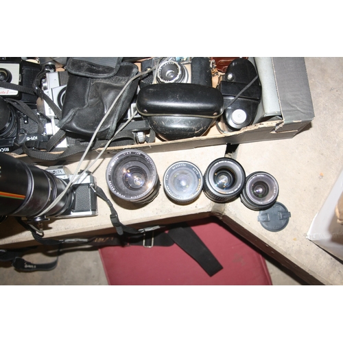 854 - TWO TRAYS OF PHOTOGRAPHIC EQUIPMENT and an Elmo K100SM projector including Olympus OM10, an XA, an X... 