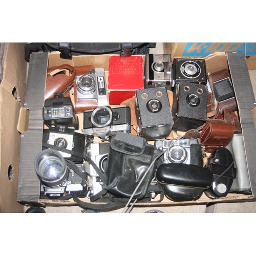 854 - TWO TRAYS OF PHOTOGRAPHIC EQUIPMENT and an Elmo K100SM projector including Olympus OM10, an XA, an X... 