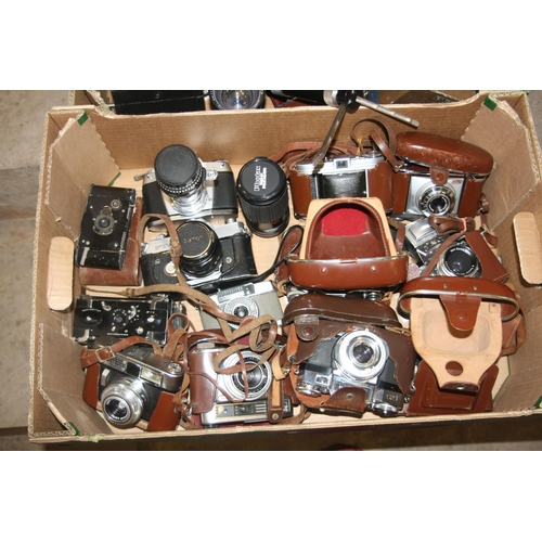 855 - TWO TRAYS CONTAINING CAMERAS AND OPTICAL EQUIPMENT including an Ensignette, Zeiss Ikon Contaflex, tw... 