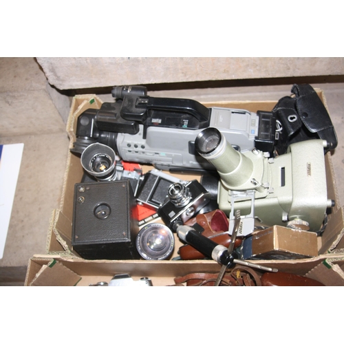 855 - TWO TRAYS CONTAINING CAMERAS AND OPTICAL EQUIPMENT including an Ensignette, Zeiss Ikon Contaflex, tw... 