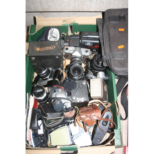 858 - TWO TRAYS CONTAINING CAMERAS AND EQUIPMENT including a Canon EOS 1000F with 90-300mm f4.5 lens, a Si... 