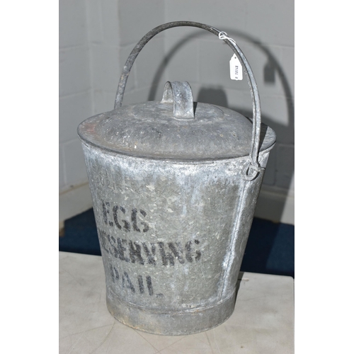 879A - A GALVANISED 'EGG PRESERVING PAIL' AND COVER, bears indistinct raised letters and numbers above sten... 