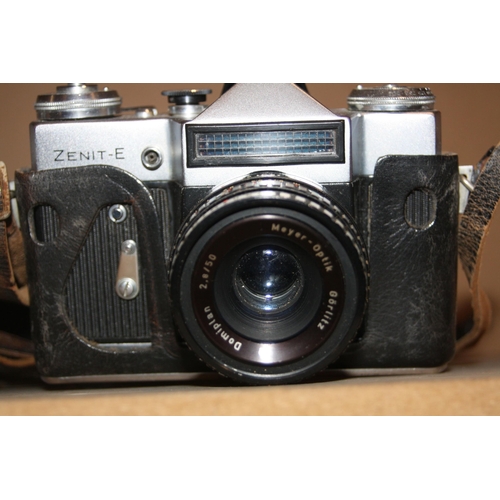 900 - TWO ZORKI 4K FILM SLR CAMERAS AND A ZENIT E , two Jupiter 8 50mm f2 and a Meyer 50mm f2.8 lenses and... 