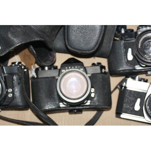 901 - FOUR ASAHI PENTAX SL FILM CAMERAS three in black with cases, two Penatcon 50mm f 1.8 lenses, a Penta... 