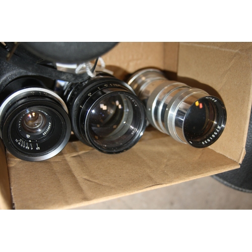 908 - A TRAY CONTAINING FOUR JUPTER CAMERA LENSES comprising of a 36B 250mm f3.5, a 12 35mm f2.8, a 9 85mm... 