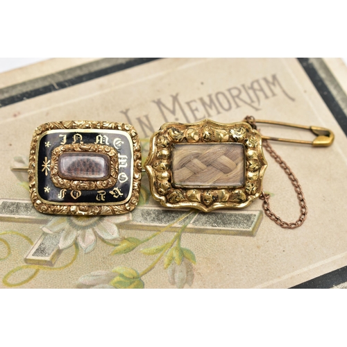 910A - TWO EARLY 20TH CENTURY MEMORIAL BROOCHES, the first a gold brooch, rectangular form, a central glass... 