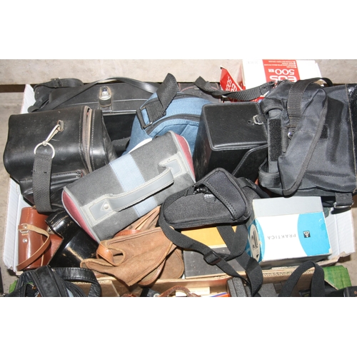 913 - TWO TRAYS CONTAINING FILM CAMERAS AND ACCESSORIES including a Canon EOS 500 SLR body, an Ensign Ful-... 