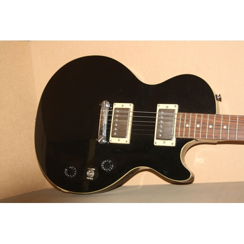 927 - AN EPOCH LES PAUL TYPE GUITAR with black finish, two humbucking pickups, one volume one tone control... 