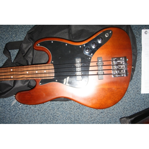 944 - A 2005 SQUIER JAZZ BASS professionally de fretted with natural walnut coloured body, maple neck rose... 