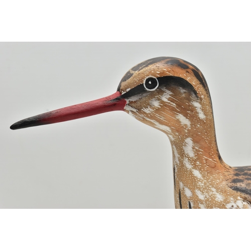 944A - A MODERN PAINTED WOODEN MODEL OF A REDSHANK TYPE WADING BIRD WITH WIRE LEGS, mounted on a rectangula... 