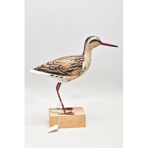 944A - A MODERN PAINTED WOODEN MODEL OF A REDSHANK TYPE WADING BIRD WITH WIRE LEGS, mounted on a rectangula... 