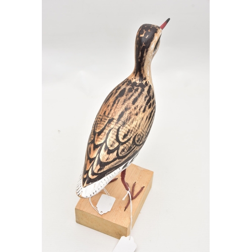 944A - A MODERN PAINTED WOODEN MODEL OF A REDSHANK TYPE WADING BIRD WITH WIRE LEGS, mounted on a rectangula... 