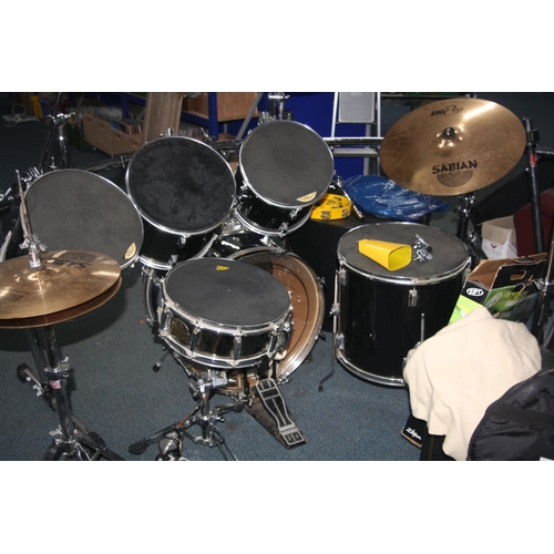 948 - A GIBRALTAR DRUM RACK with three supports, two cross bars, 14 clamps, a four piece Cannon drum kit i... 