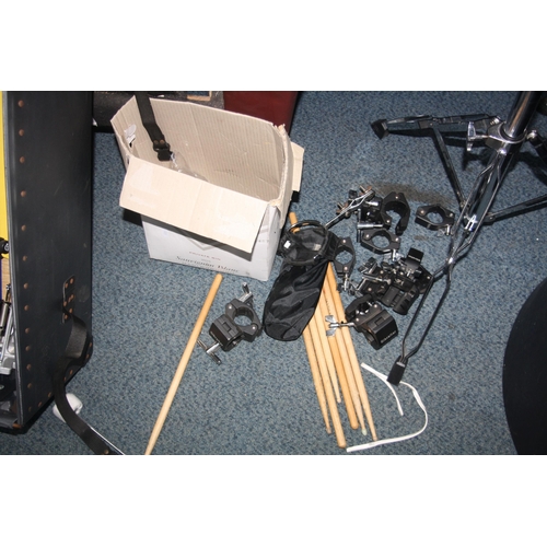 948 - A GIBRALTAR DRUM RACK with three supports, two cross bars, 14 clamps, a four piece Cannon drum kit i... 