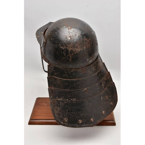 948A - A REPRODUCTION CIVIL WAR LOBSTER TAIL HELMET, with stand (formerly from a set of balance scales) (2)... 