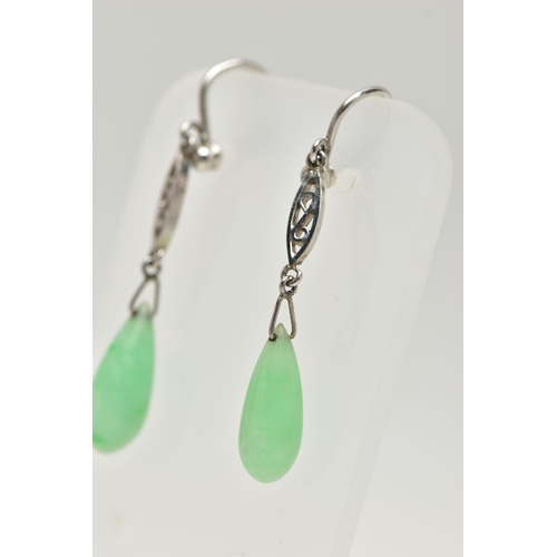 1 - A PAIR OF WHITE METAL JADE DROP EARRINGS, each earring designed with a polished tear drop jade, susp... 