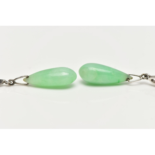 1 - A PAIR OF WHITE METAL JADE DROP EARRINGS, each earring designed with a polished tear drop jade, susp... 