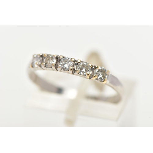 14 - A FIVE STONE DIAMOND RING, five round brilliant cut diamonds prong set in a white metal band, approx... 