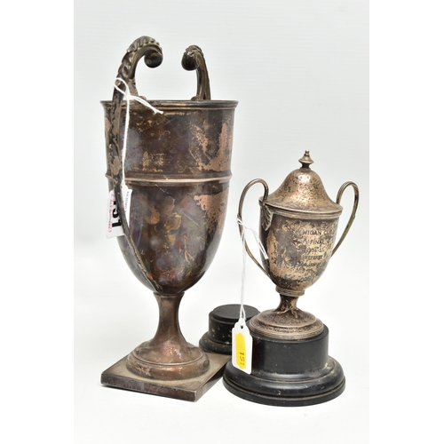 151 - TWO 20TH CENTURY SILVER TWIN HANDLED TROPHY CUPS, the larger example on a square base, marks partial... 