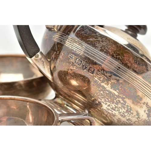 152 - A GEORGE V SILVER THREE PIECE BACHELOR'S TEA SET OF CIRCULAR FORM, with shallow concentric horizonta... 