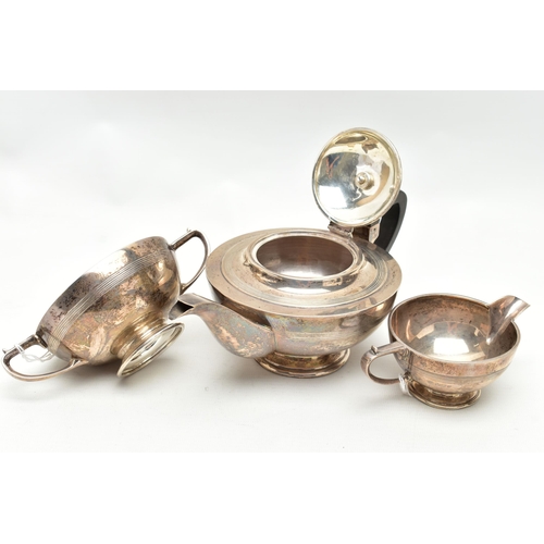 152 - A GEORGE V SILVER THREE PIECE BACHELOR'S TEA SET OF CIRCULAR FORM, with shallow concentric horizonta... 