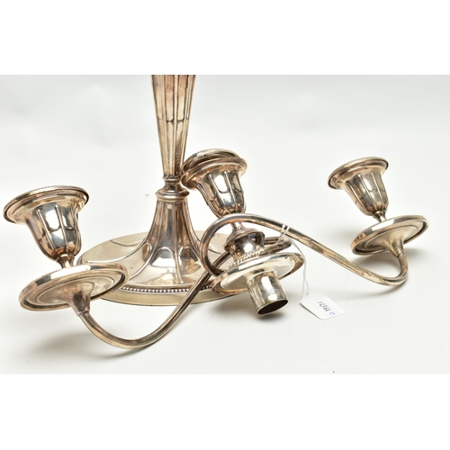 157 - A GEORGE V SILVER THREE LIGHT CANDELABRUM OF NEO-CLASSICAL STYLE, the oval removable sconces and dri... 