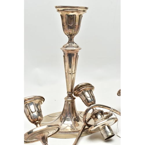 157 - A GEORGE V SILVER THREE LIGHT CANDELABRUM OF NEO-CLASSICAL STYLE, the oval removable sconces and dri... 