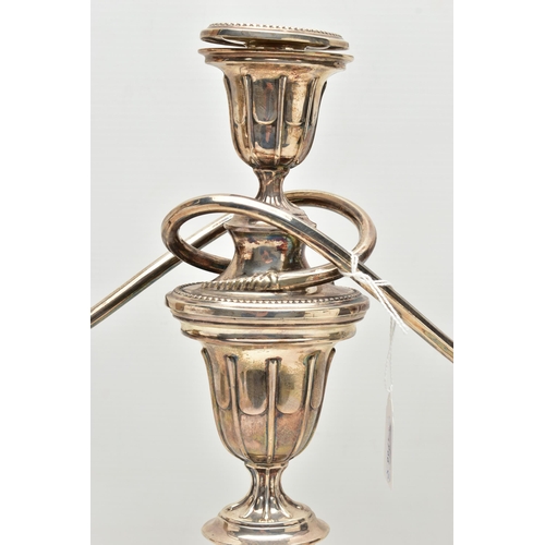 157 - A GEORGE V SILVER THREE LIGHT CANDELABRUM OF NEO-CLASSICAL STYLE, the oval removable sconces and dri... 