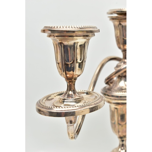 157 - A GEORGE V SILVER THREE LIGHT CANDELABRUM OF NEO-CLASSICAL STYLE, the oval removable sconces and dri... 