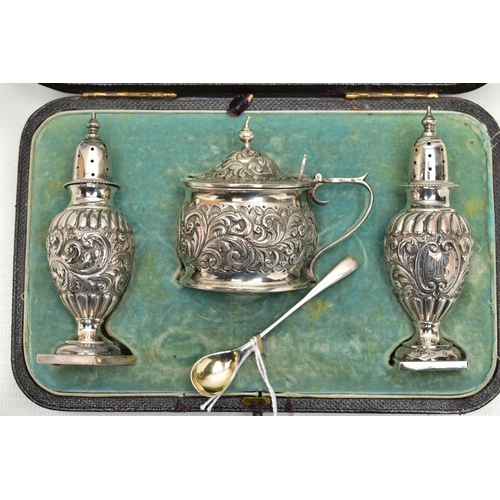 158 - A CASED LATE VICTORIAN FOUR PIECE SILVER CRUET SET, comprising a pair of baluster pepperettes with p... 