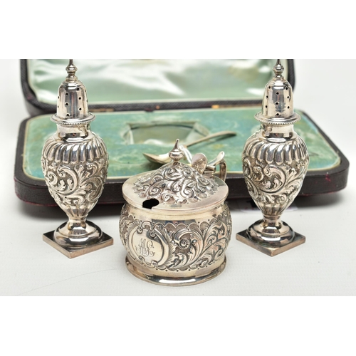 158 - A CASED LATE VICTORIAN FOUR PIECE SILVER CRUET SET, comprising a pair of baluster pepperettes with p... 