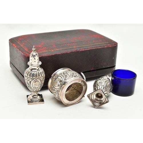 158 - A CASED LATE VICTORIAN FOUR PIECE SILVER CRUET SET, comprising a pair of baluster pepperettes with p... 