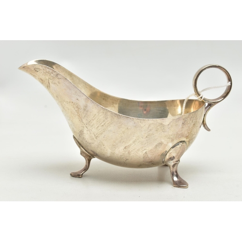 159 - A GEORGE VI SILVER SAUCE BOAT, of plain form, on three cabriole legs, ring handle, makers James Dixo... 