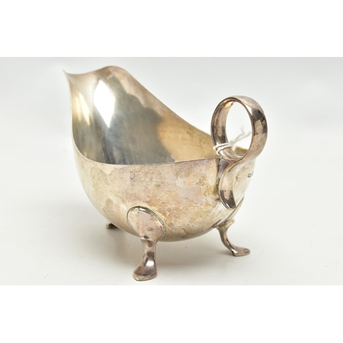 159 - A GEORGE VI SILVER SAUCE BOAT, of plain form, on three cabriole legs, ring handle, makers James Dixo... 