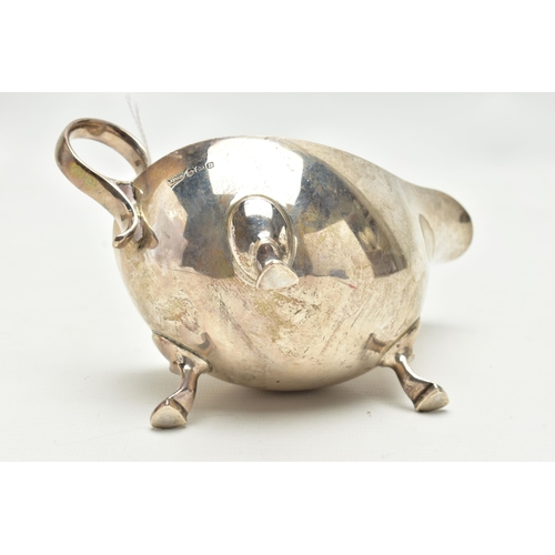 159 - A GEORGE VI SILVER SAUCE BOAT, of plain form, on three cabriole legs, ring handle, makers James Dixo... 