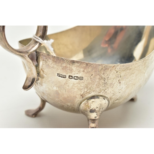 159 - A GEORGE VI SILVER SAUCE BOAT, of plain form, on three cabriole legs, ring handle, makers James Dixo... 