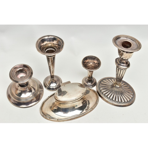 167 - FIVE PIECES OF 20TH CENTURY SILVER, comprising a George V capstan inkwell of oval form, makers A & J... 