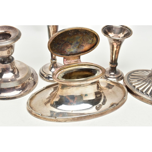 167 - FIVE PIECES OF 20TH CENTURY SILVER, comprising a George V capstan inkwell of oval form, makers A & J... 