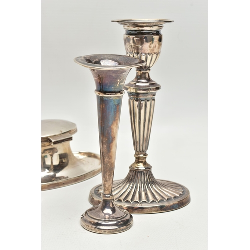 167 - FIVE PIECES OF 20TH CENTURY SILVER, comprising a George V capstan inkwell of oval form, makers A & J... 