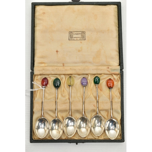 169 - A CASED SET OF SIX SILVER COFFEE SPOONS, each polished spoon is set to the terminal with a semi-prec... 