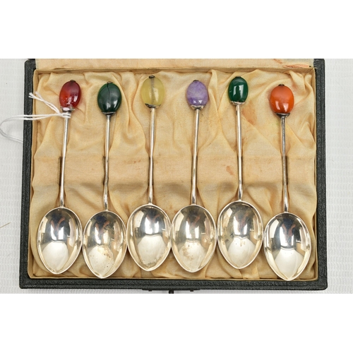 169 - A CASED SET OF SIX SILVER COFFEE SPOONS, each polished spoon is set to the terminal with a semi-prec... 