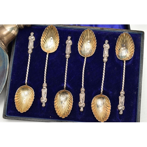 170 - A SILVER DISH AND TEASPOONS, of a round polished form, gilt interior to the bowl with personal engra... 