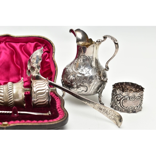 171 - A SMALL PARCEL OF 18TH, 19TH AND 20TH CENTURY SILVER, comprising a Victorian cream jug of baluster f... 