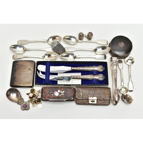 172 - A PARCEL OF 19TH AND 20TH CENTURY SILVER AND WHITE METAL, comprising a set of four Victorian fiddle ... 